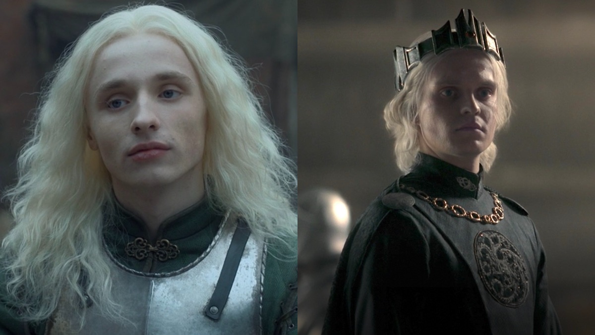 Aegon Targaryen, Second of His Name, first as a teenager training for combat and then at his coronation with his crown on House of the Dragon