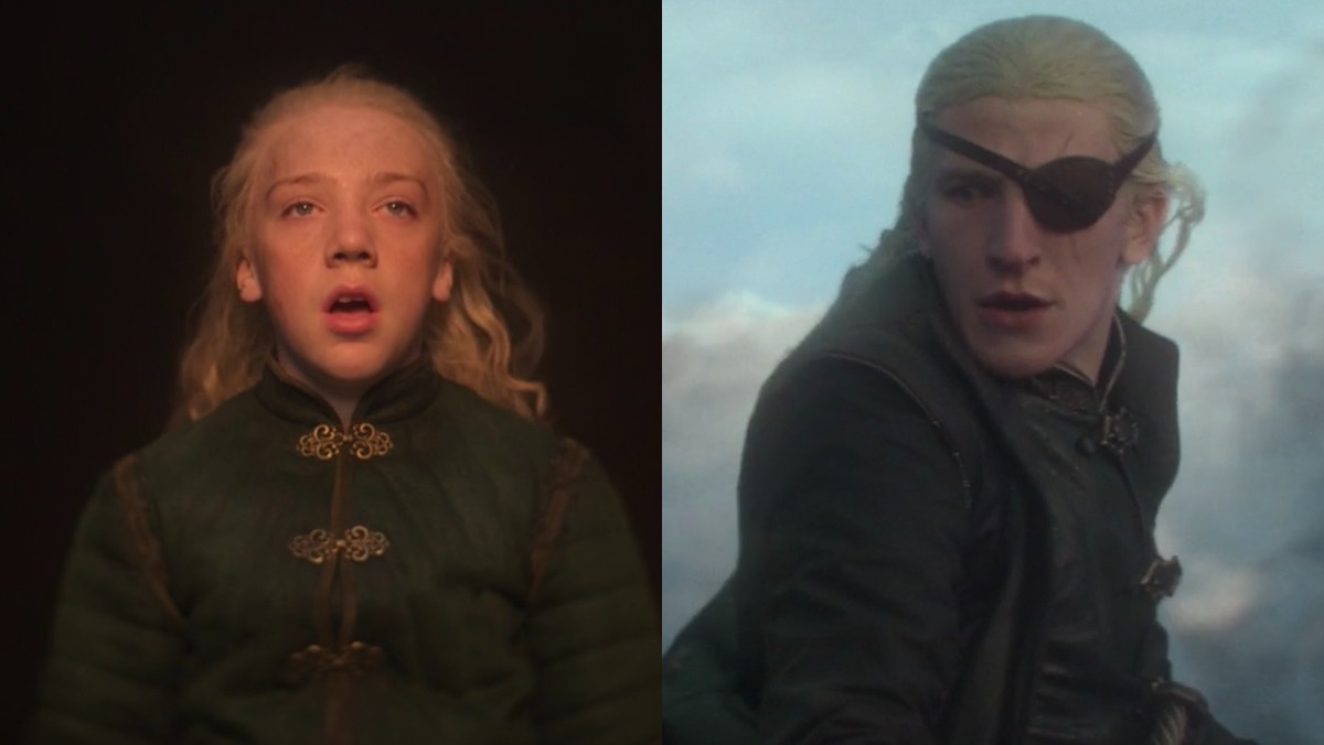 Young Aemond Targaryen before he lost his eye and an older Aemond upon Vhagar after the death of Lucerys on House of the Dragon