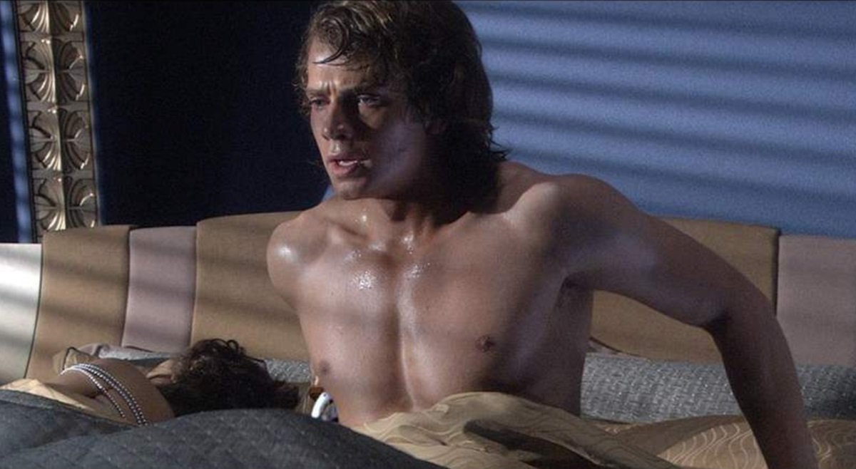 A shirtless and buff Anakin Skywalker (Hayden Christensen) in Revenge of the Sith.