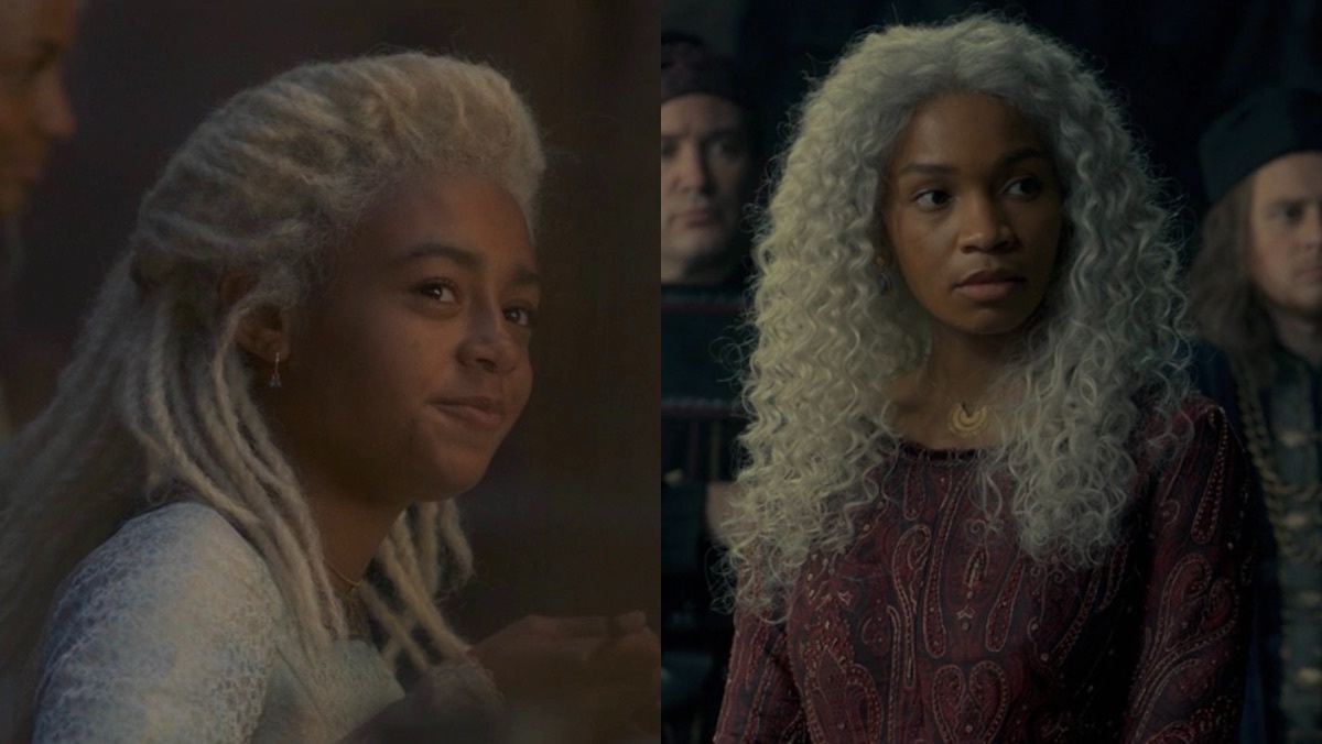 Young Baela Targaryen at a dinner in Pentos and then as a young woman at her step-mnother's black council on House of the Dragon