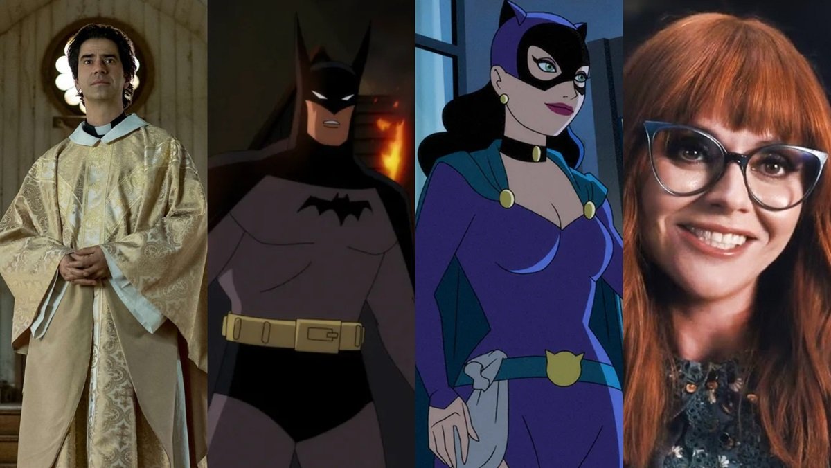 Hammish Linklater in Midnight Mass (L), Batman and Catwoman in Batman: Caped Crusader (Center) and Christina Ricci in Wednesday (R)