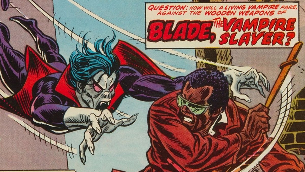 Blade faces off against Morbius in an early Marvel Comics appearance.