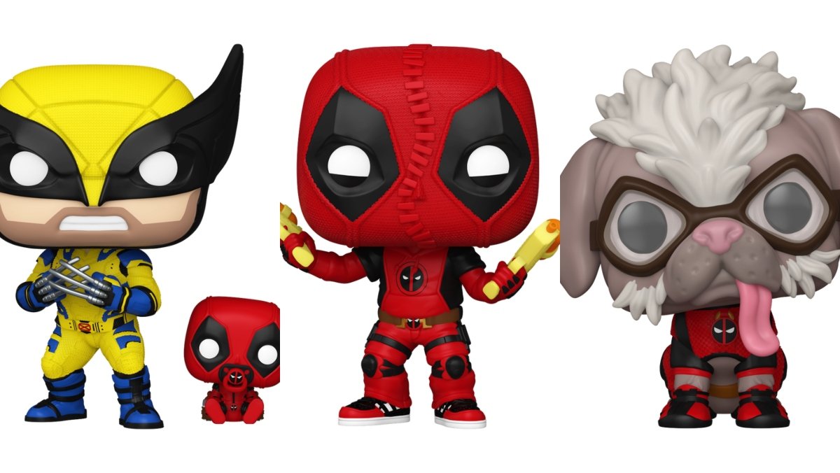 split image of wolverine, deadpool, and dogpool funko pop figures