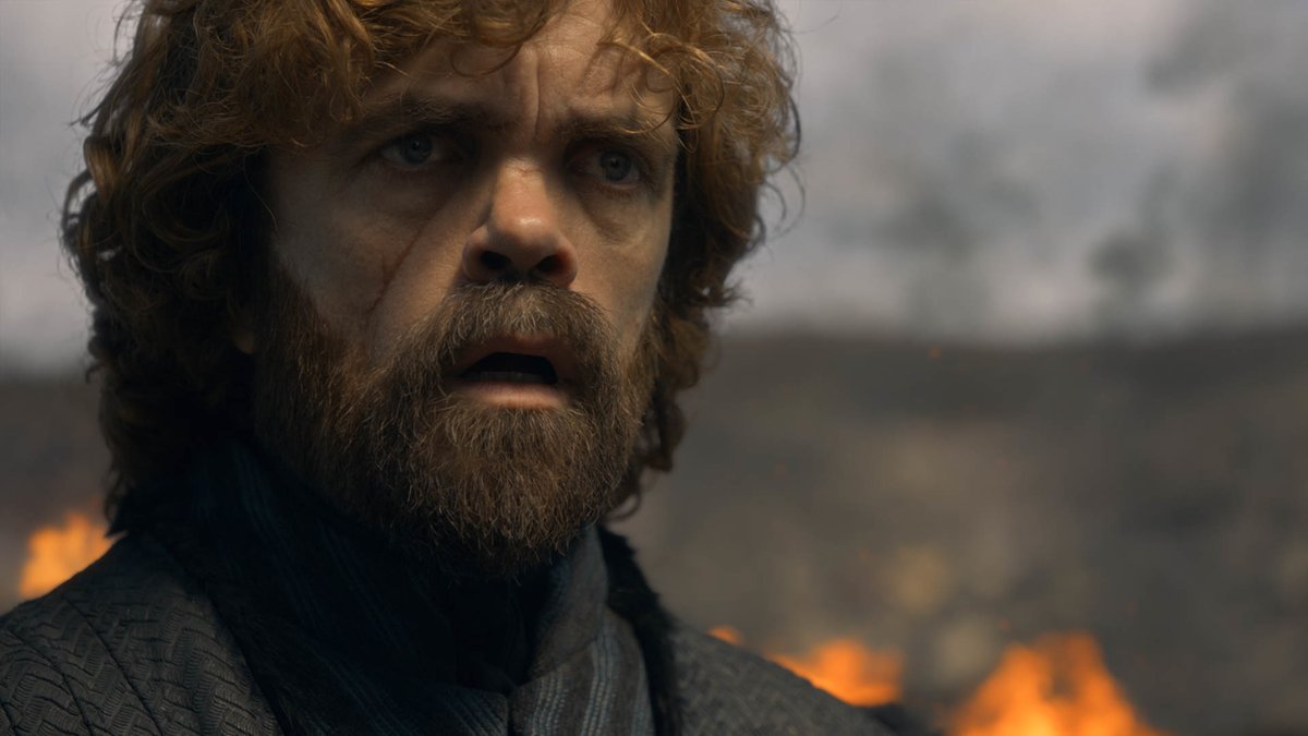 A shocked Tyrion Lannister with a beard on Game of Thrones