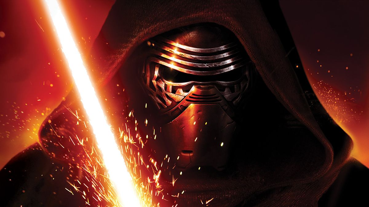 Masked Kylo Ren holds his red lightsaber