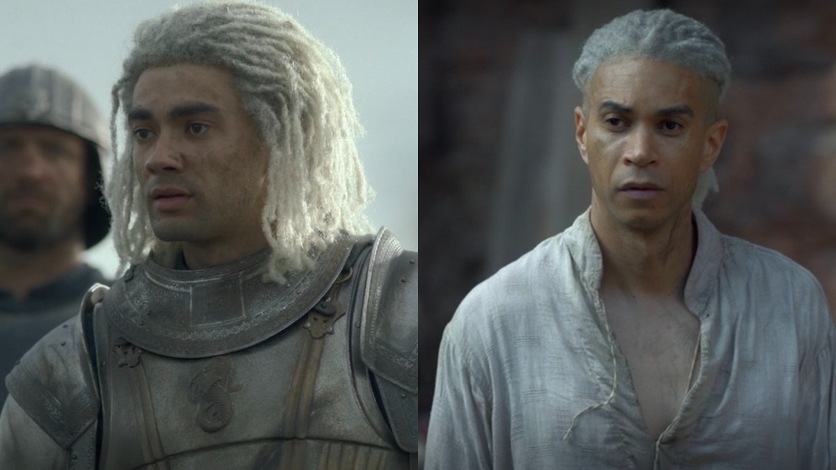 Ser Laenor Velaryon as a teen in armor, and as an older man at royal court on House of the Dragon