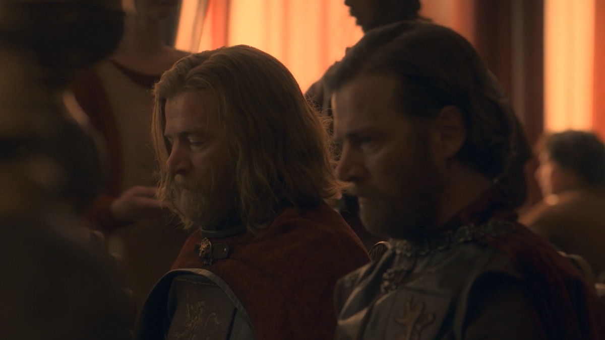 Jason and Tyland Lannister eat during the king's royal hunt on House of the Dragon