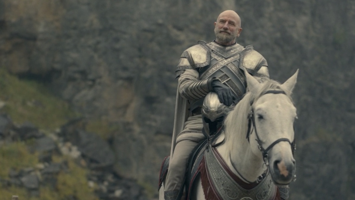 Lord Commander of the Kingsguard Ser Harrold Westerling sits on his horse on House of the Dragon