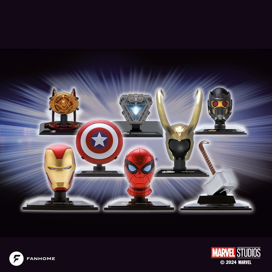 Marvel Movie Replicas of the Eye of Agamotto, the ARC reactor, Ant-Man's helmet, Iron Man's helmet, Spider-Man's mask, and Thor's hammer.