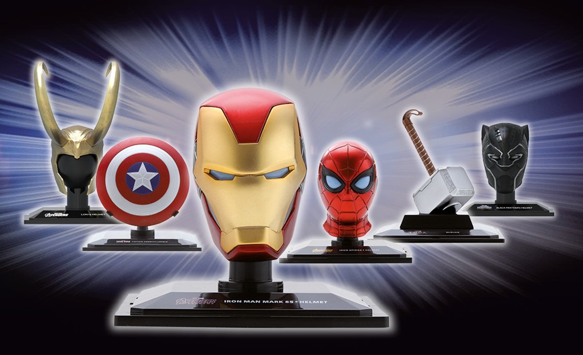 Replicas of Loki's helmet, Cap's shield, Iron Man's helmet, Spider-Man's mask, Thor's hammer, and Black Panther's helmet.