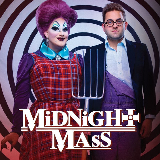 Midnight Mass LGBTQ+ podcast with hosts standing together and one holding a pitchfork