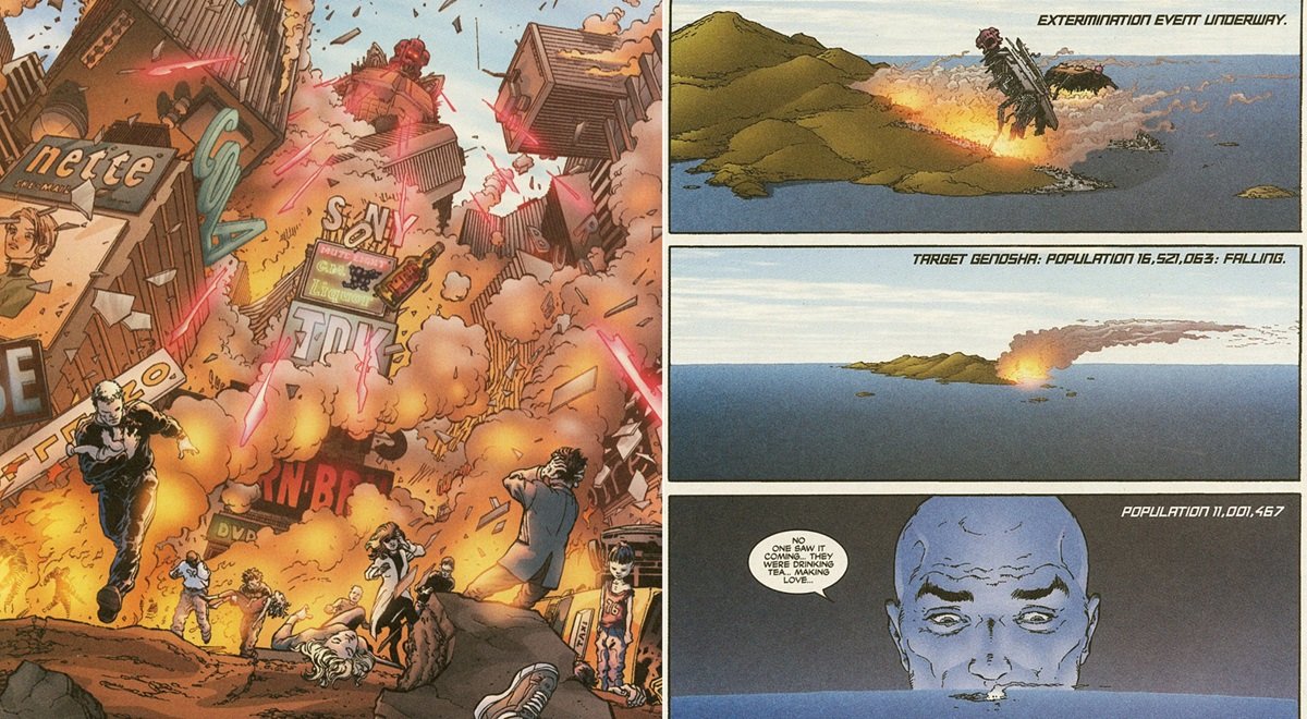 The destruction of Genosha by Sentinel attack, from 2001's New X-Men #114.