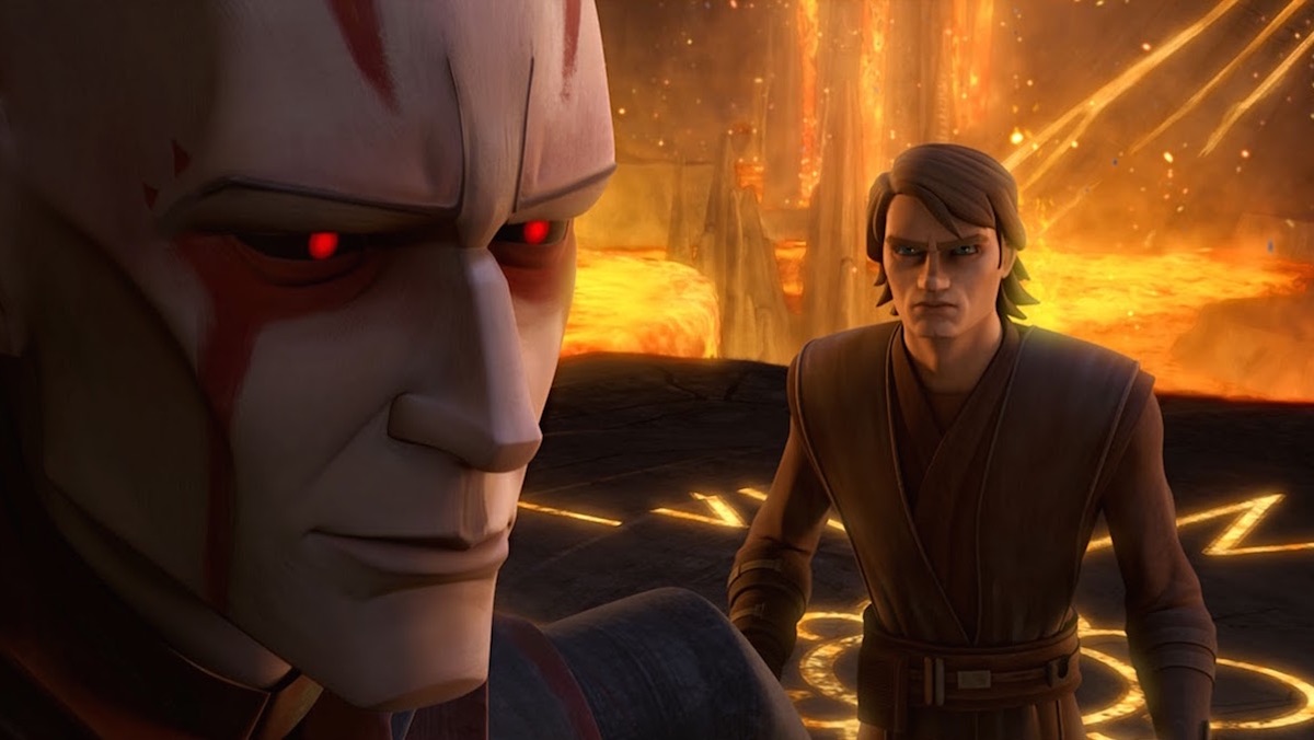 The Son of Mortis stands before Anakin near lava on The Clone Wars