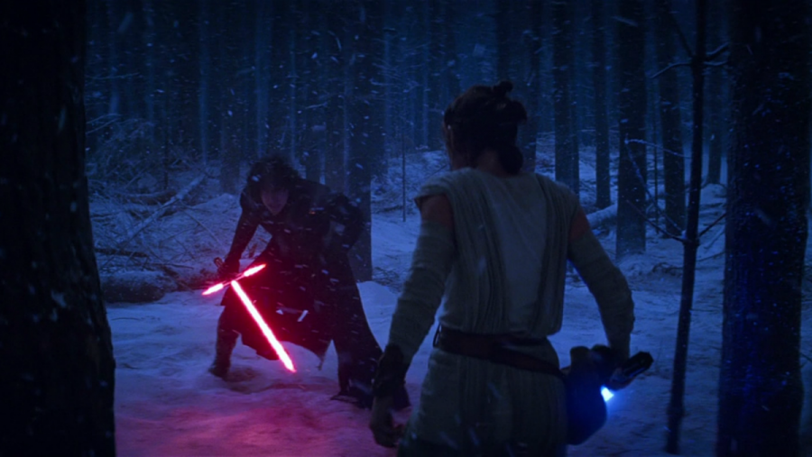 Rey and Kylo Ren duel on Starkiller Base in Star Wars: The Force Awakens